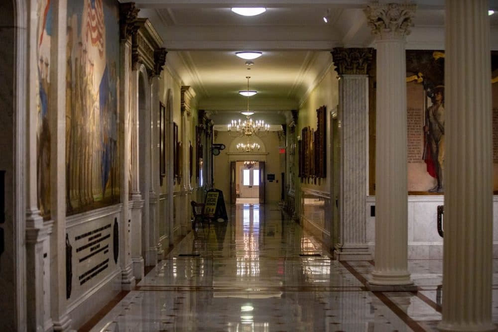 A normally bustling hallway where the Senate offices are located is deserted. (Jesse Costa/WBUR)