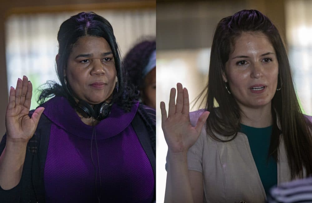 The swearing in two new members to the Boston School Committee Rafaela Polanco Garcia and Lorena Lopera at City Hall. (Jesse Costa/WBUR)