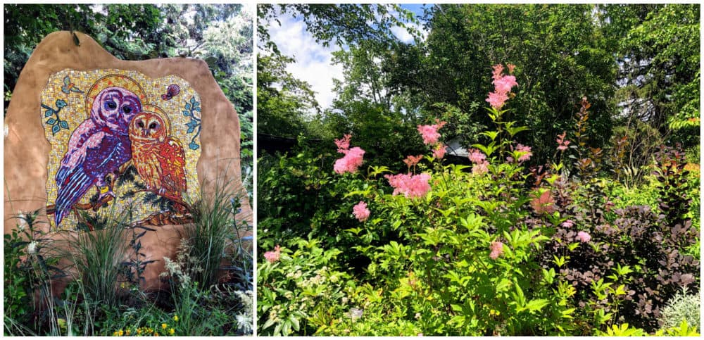 A mosaic of owls and flowers at the Berkshire Botanical Garden. (Jacquinn Sinclair for WBUR)