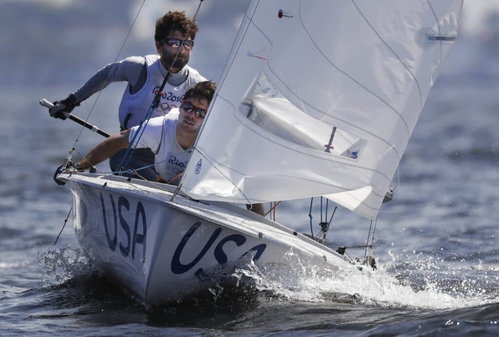 Stuart McNay, background, and Dave Hughes compete during the 2016 Summer Olympics in Rio de Janeiro. (Bernat Armangue/AP)