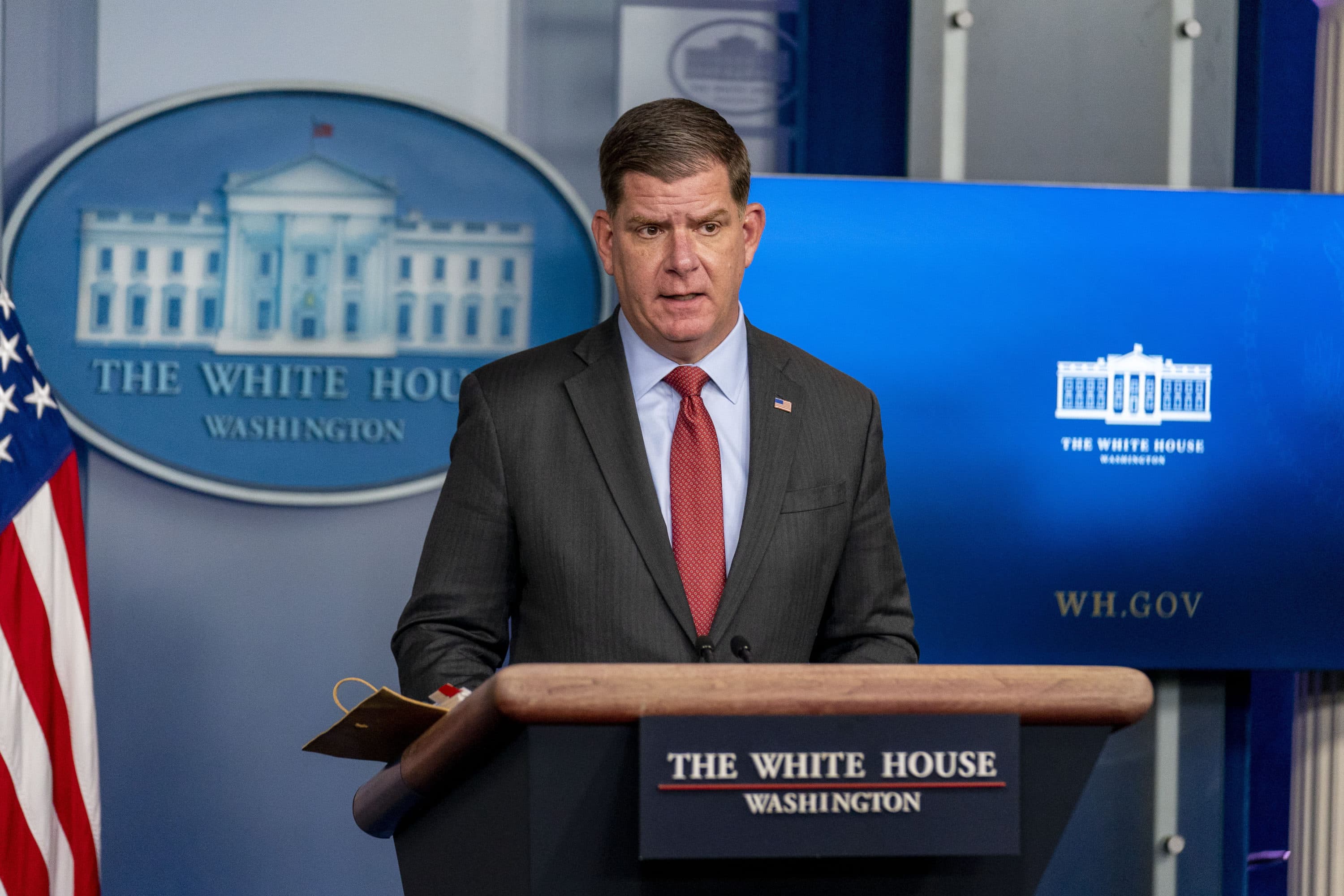 Labor Secretary Marty Walsh speaks at a press briefing at the White House on April 2, 2021, in Washington, D.C. (Andrew Harnik/AP)