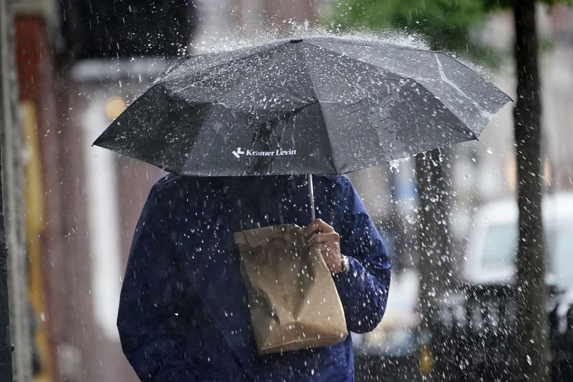 A pedestrian uses an umbrella to shield himself during a downpour in Portland, Maine. Elsa is the earliest fifth-named storm on record, said Brian McNoldy, a hurricane researcher at the University of Miami. (Robert F. Bukaty/AP)