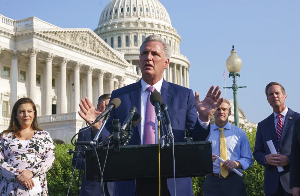 House Minority Leader Kevin McCarthy, R-Calif., joined from left by Republican Conference Chair Elise Stefanik, R-N.Y., Rep. Jim Jordan, R-Ohio, and Rep. Rodney Davis, R-Ill., holds a news conference before the start of a hearing by a select committee appointed by House Speaker Nancy Pelosi on the Jan. 6 insurrection, at the Capitol in Washington, Tuesday, July 27, 2021. (J. Scott Applewhite/AP)