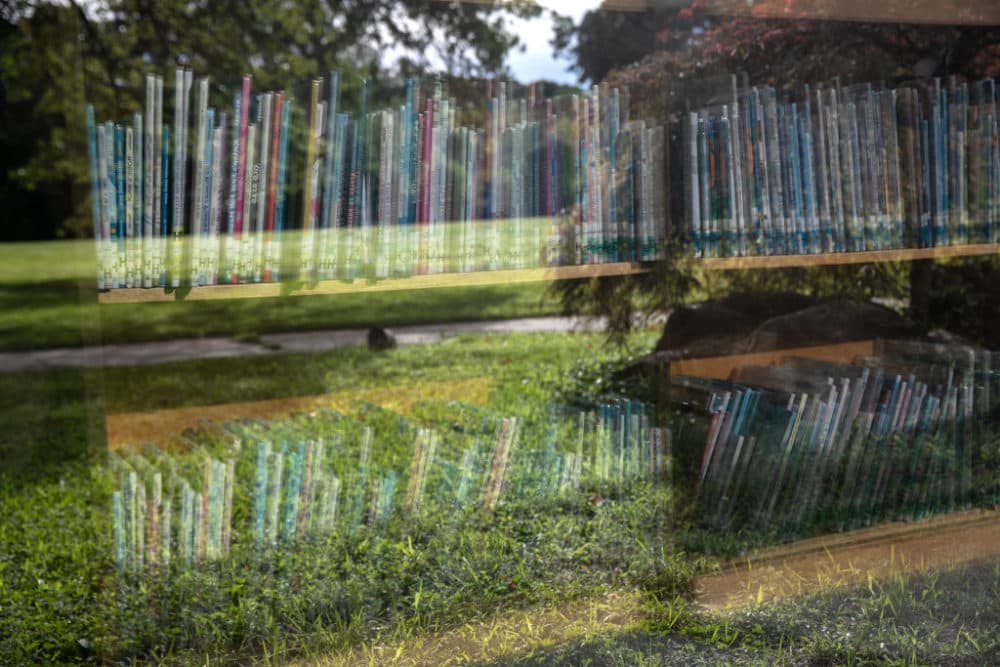 Shelves of library books stand reflected in the media center of the Newfield Elementary School on August 31, 2020, in Stamford, Connecticut. (John Moore/Getty Images)