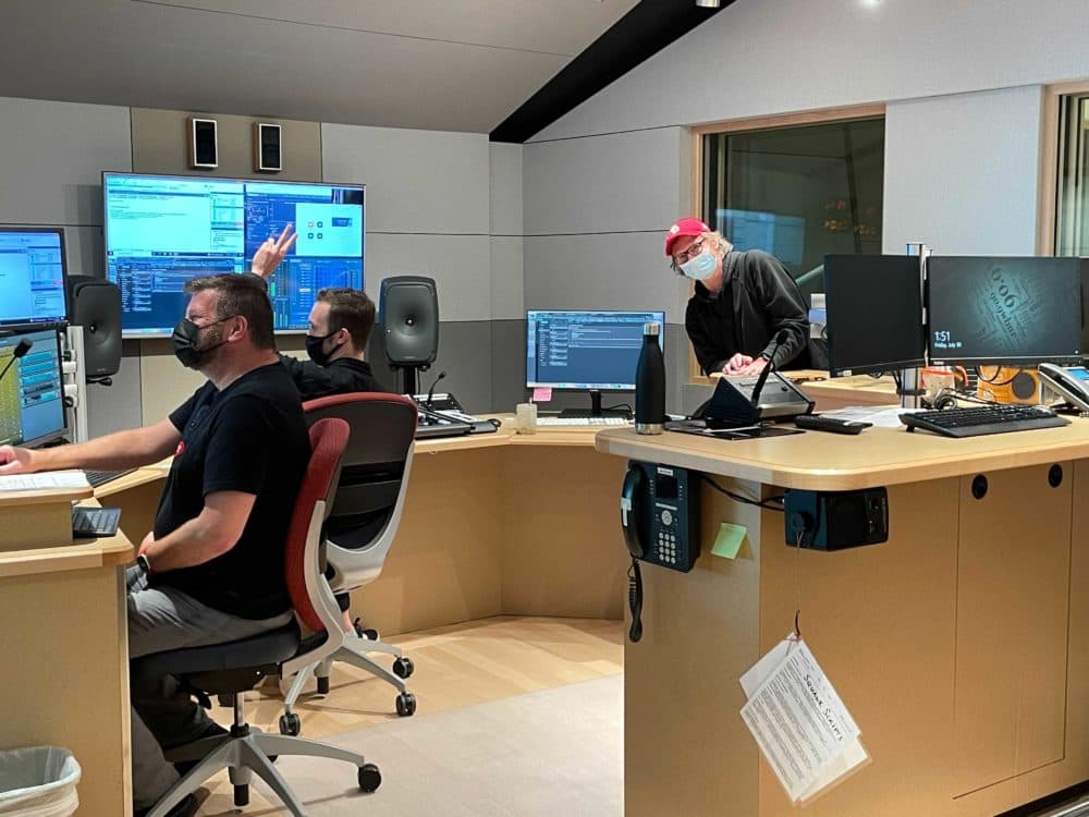 Alex Ashlock (right) in the studio on his final day before his retirement. Pictured with director Mark Navin (far left) and engineer Max Liebman. (Tinku Ray)