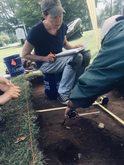Archaeologist Ann Morton at a dig in Stockbridge, Massachusetts. (Nancy Eve Cohen/NEPM)