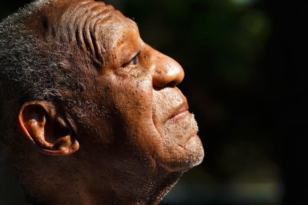 Bill Cosby listens to members of his team speak during a news conference outside his home in Elkins Park, Pa., Wednesday, June 30, 2021, after being released from prison. (Matt Rourke/AP)