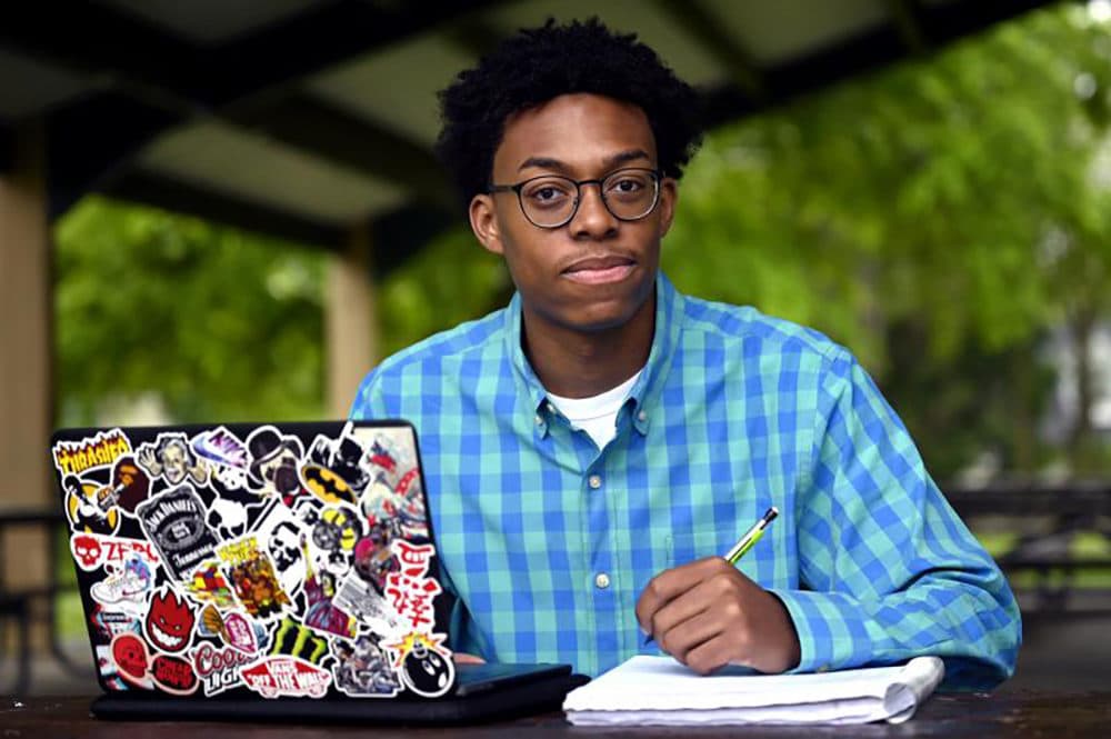 Sean Walters, a biomedical engineering junior at the University of Connecticut, is pictured at Barrett Park in Stamford on May 5, 2021. (Joe Amon/Connecticut Public Radio)