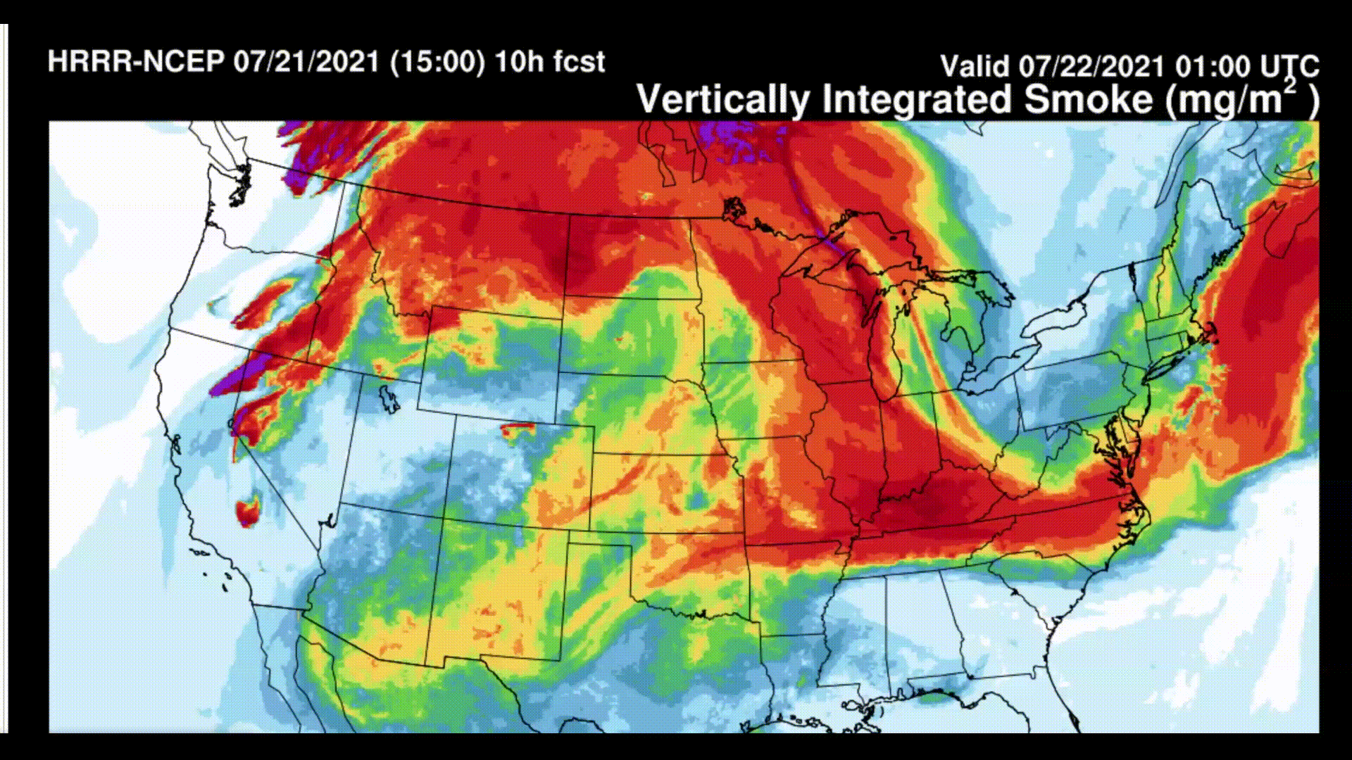 Smoke crossing the United States.