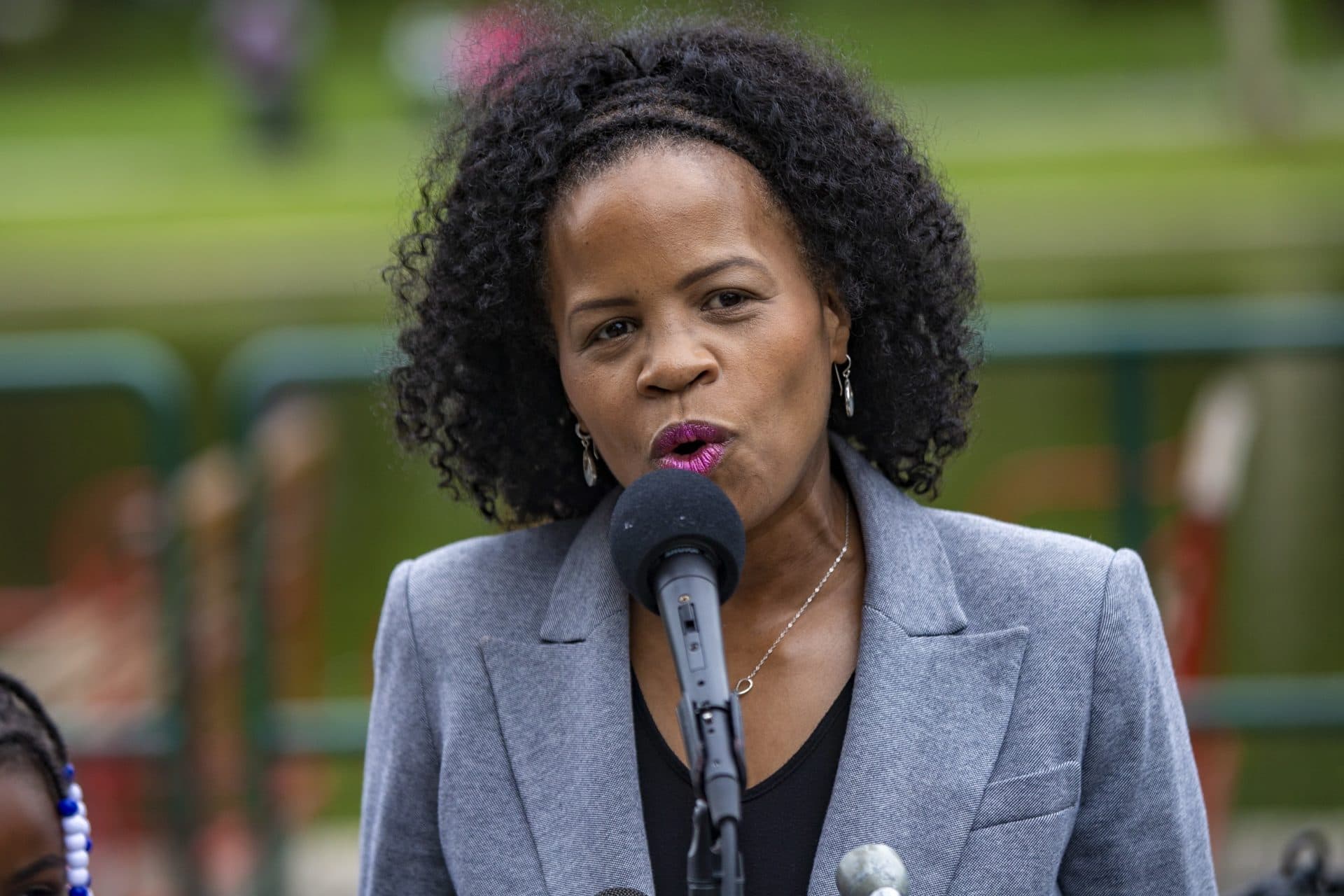Boston Mayor Kim Janey speaks at an event in May at the Boston Public Garden. (Jesse Costa/WBUR)