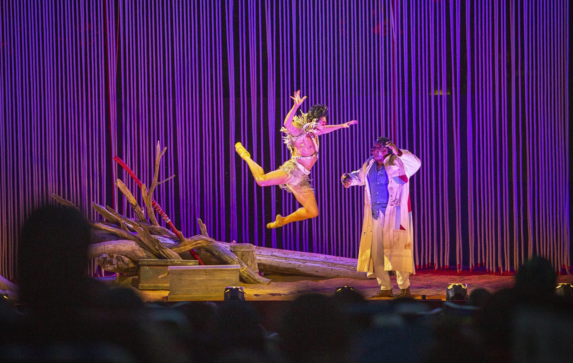 John Douglas Thompson (right) as Prospero and John Lam as Ariel in "The Tempest" on Boston Common. (Robin Lubbock/WBUR)