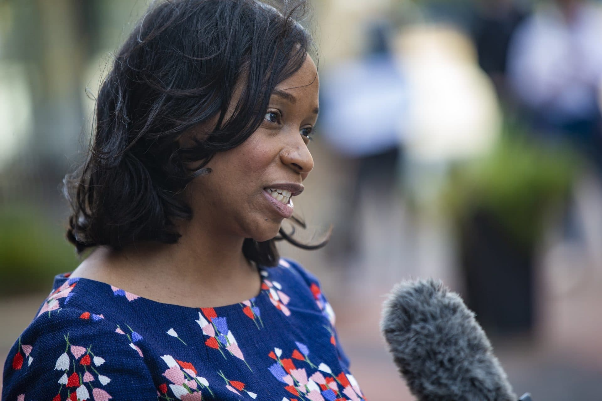 City Councillor Andrea Campbell speaks to the news media. (Jesse Costa/WBUR)