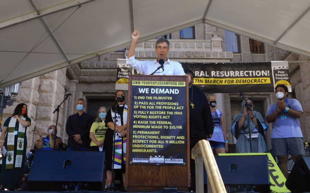 Beto O’Rourke, former Democratic congressman and presidential candidate, speaks at a rally for voting rights in Texas at the Capitol in Austin, Texas on July 31, 2021. Hundreds of people packed the steps of the Texas Capitol as a protest rally which began Wednesday and ended Saturday with participants marching up to the doors of the Texas Capitol building. (Acacia Coronado/AP)