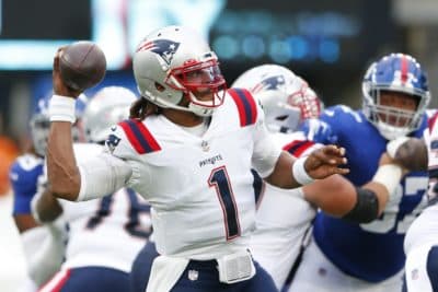 New England Patriots quarterback Cam Newton (1) throws a pass during the first half of an NFL preseason football game against the New York Giants Sunday, Aug. 29, 2021, in East Rutherford, N.J. (Noah K. Murray/AP Photo)