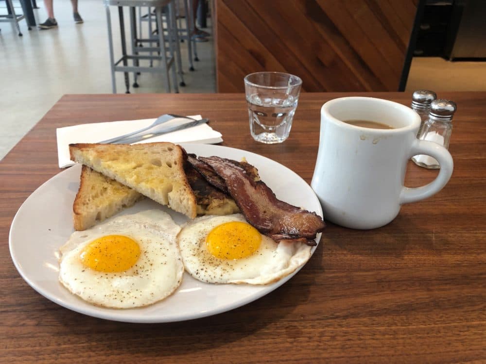 Bacon, eggs and potato mash at Tamper in Medford. (Ed Siegel for WBUR)