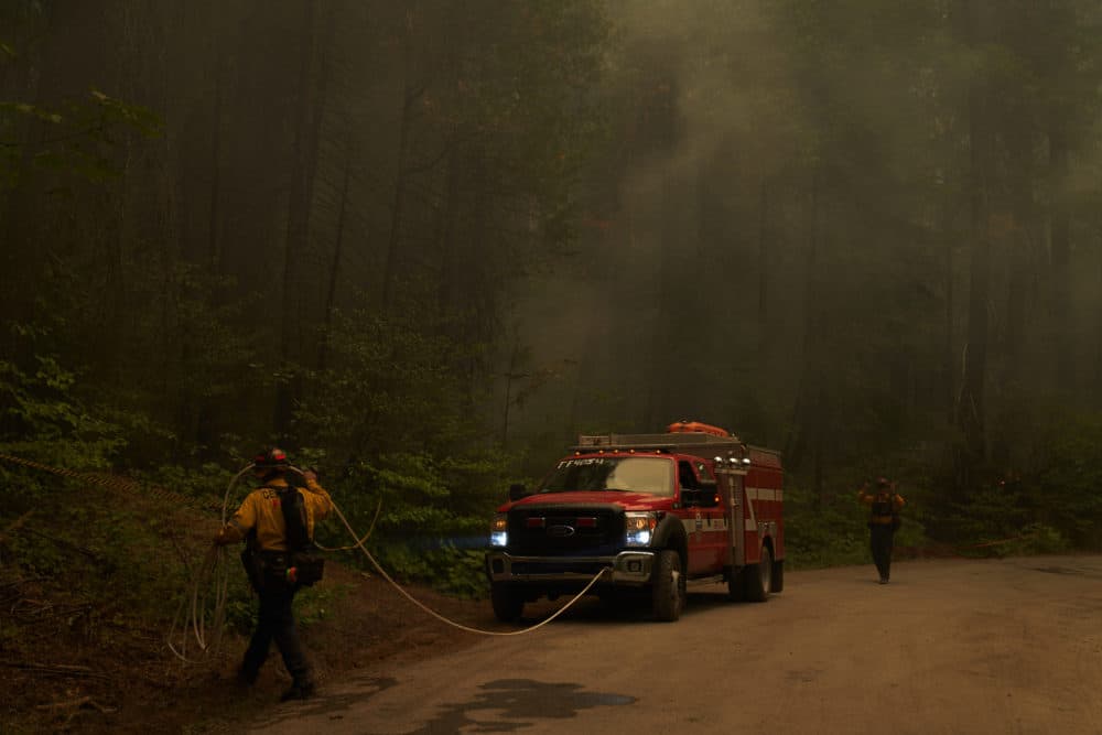 Firefighters battle spot flare ups from the Caldor Fire on August 19, 2021, in Riverton, California. (Allison Dinner/Getty Images)