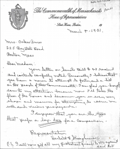 In this March 4, 1931 letter to Blanche Ames from state Rep. Herbert Shaughnessy, he argues against proposed legislation that would have made it legal for doctors to give their patients birth control advice. The bill was defeated, in spite of support from physicians, ministers, laymen and the Mass. Federation of Churches (Courtesy Ames Sheldon via Sophia Smith Collection at Smith College)