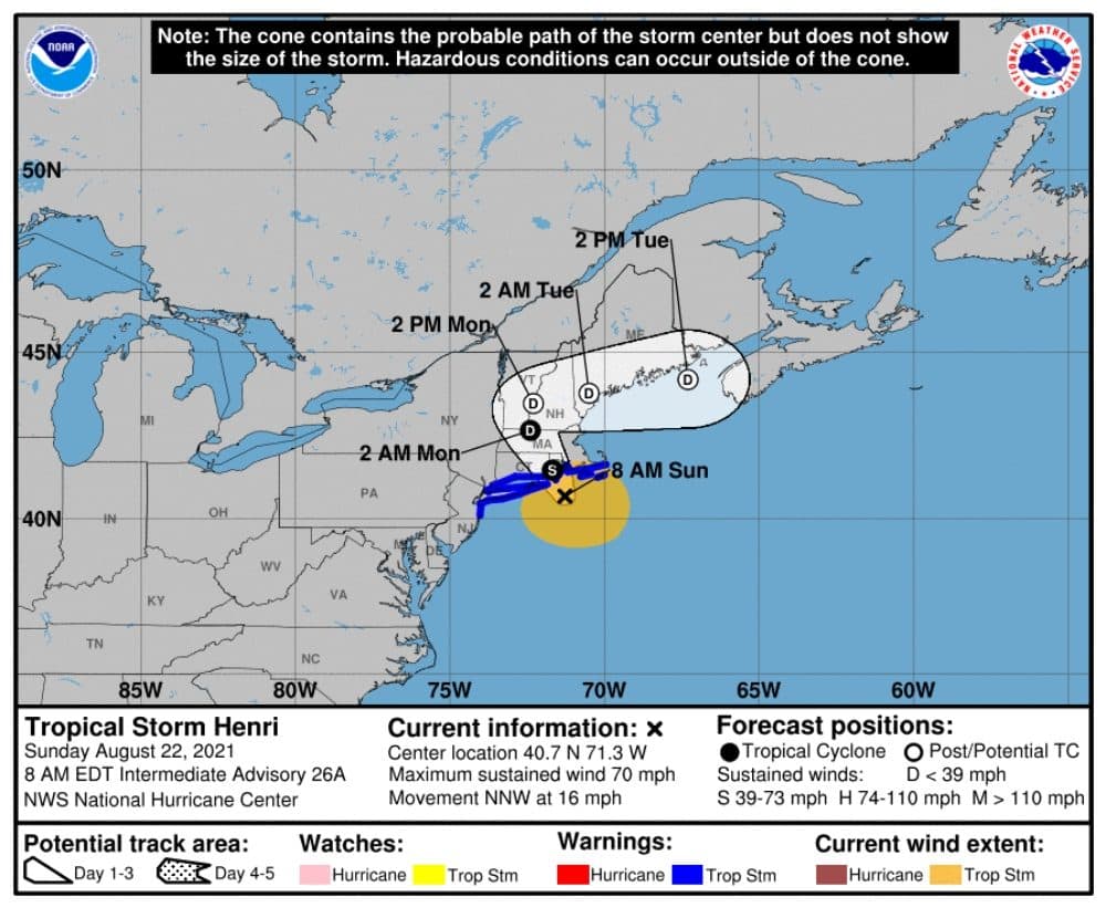 Storm warnings as of Sunday morning for Tropical Storm Henri. (Courtesy NOAA)