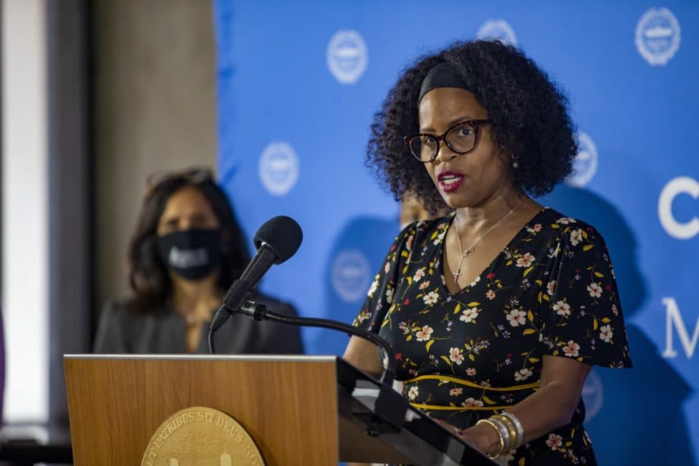 Boston Mayor Kim Janey addresses the back-to-school plan ahead of the start of the 2021-2022 school year. (Jesse Costa/WBUR)