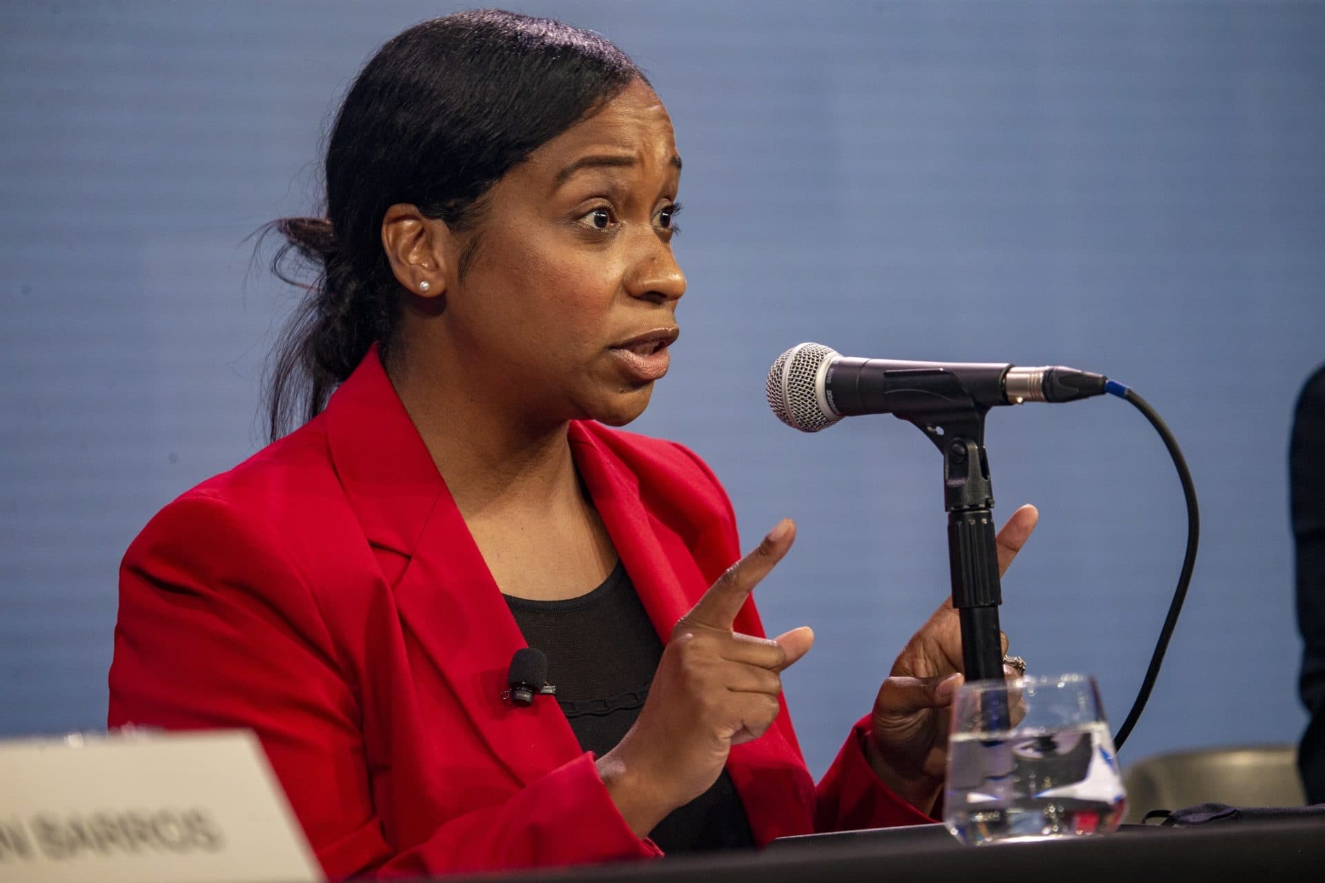 City Councillor Andrea Campbell answers a question during the Boston Mayoral Debate at WBUR’s CitySpace. (Jesse Costa/WBUR)