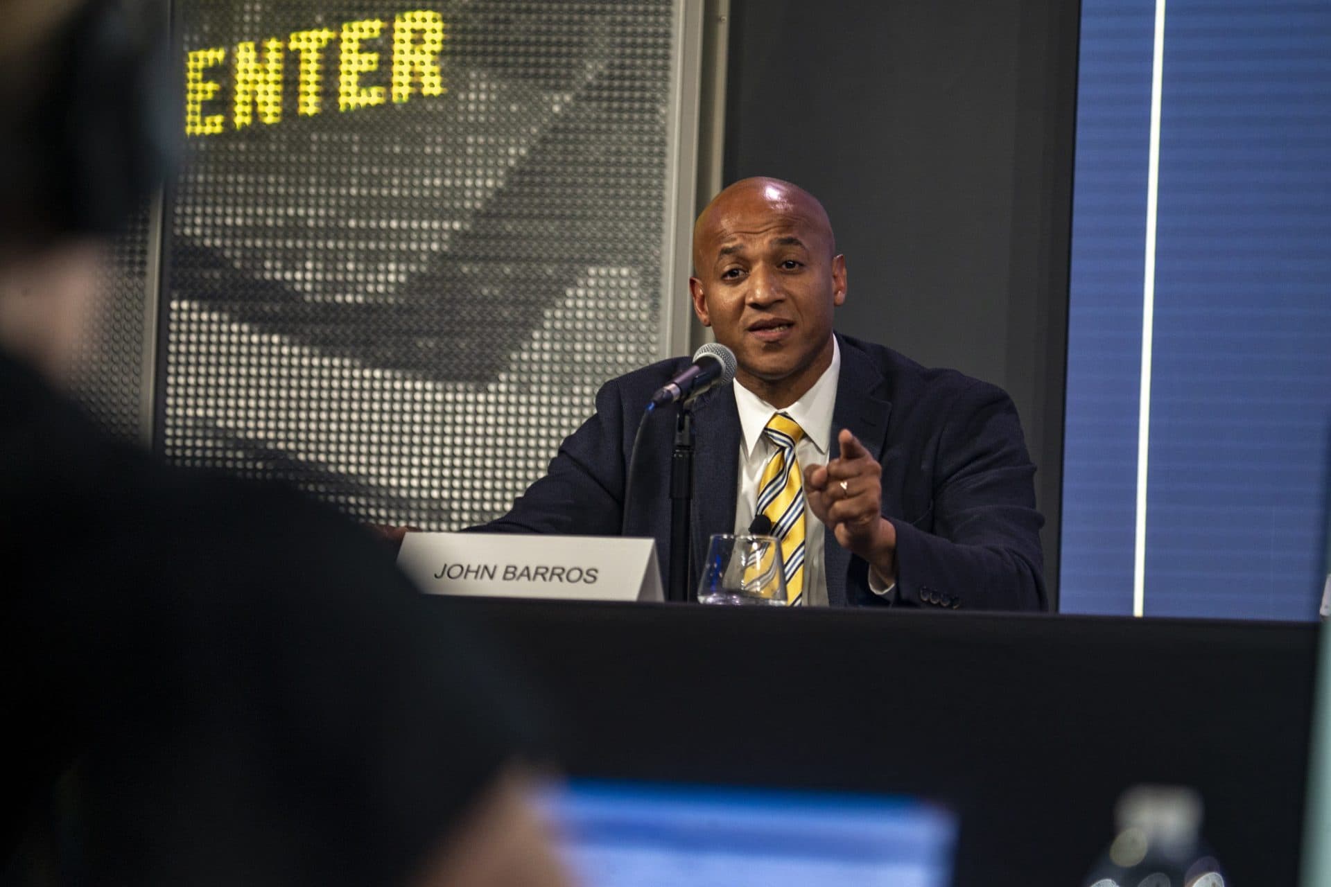 Former Boston chief of economic development John Barros answers a question during the Boston Mayoral Debate at WBUR’s CitySpace. (Jesse Costa/WBUR)
