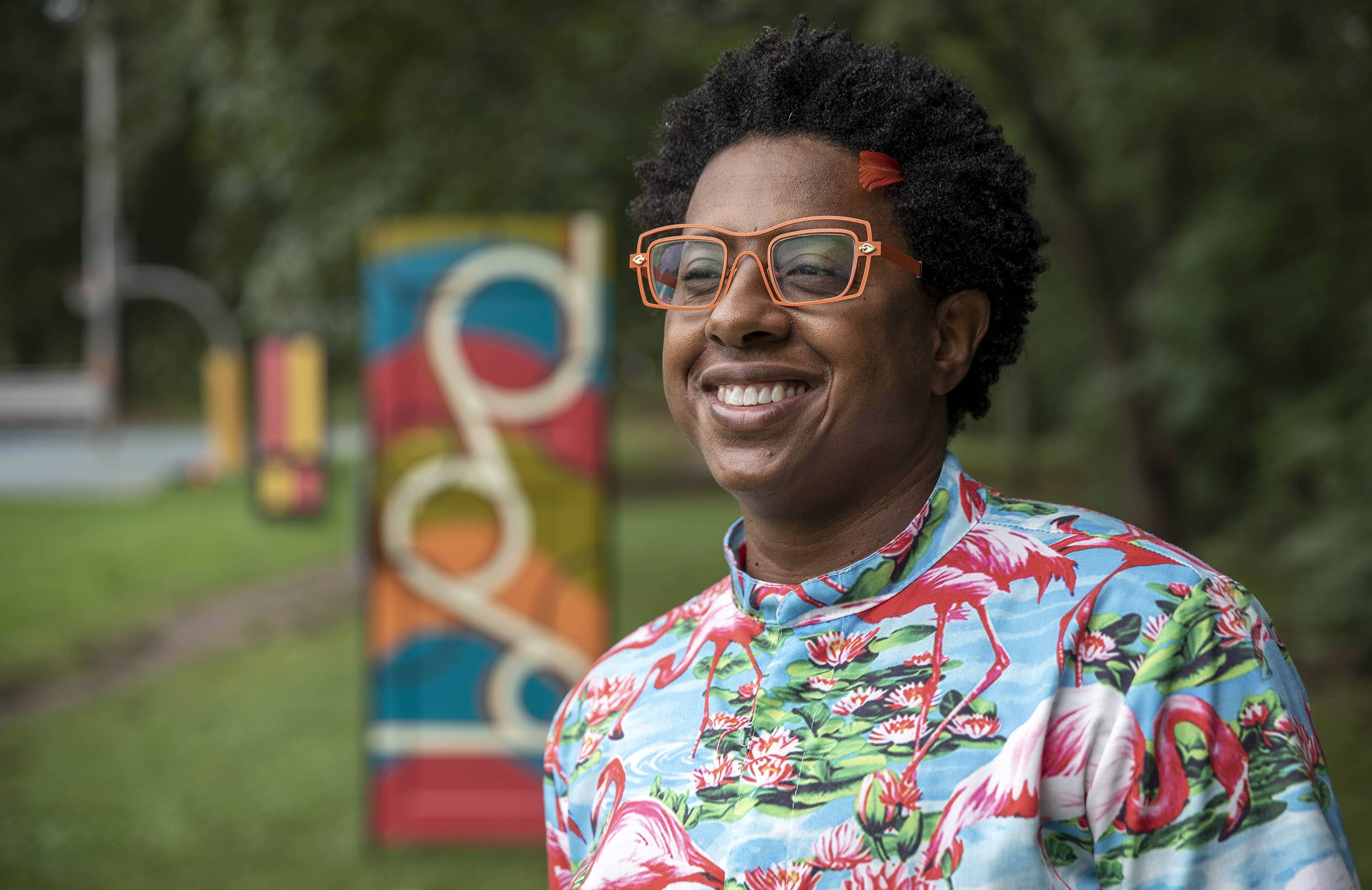 Artist bashezo by the Mystic River in Medford. (Robin Lubbock/WBUR)
