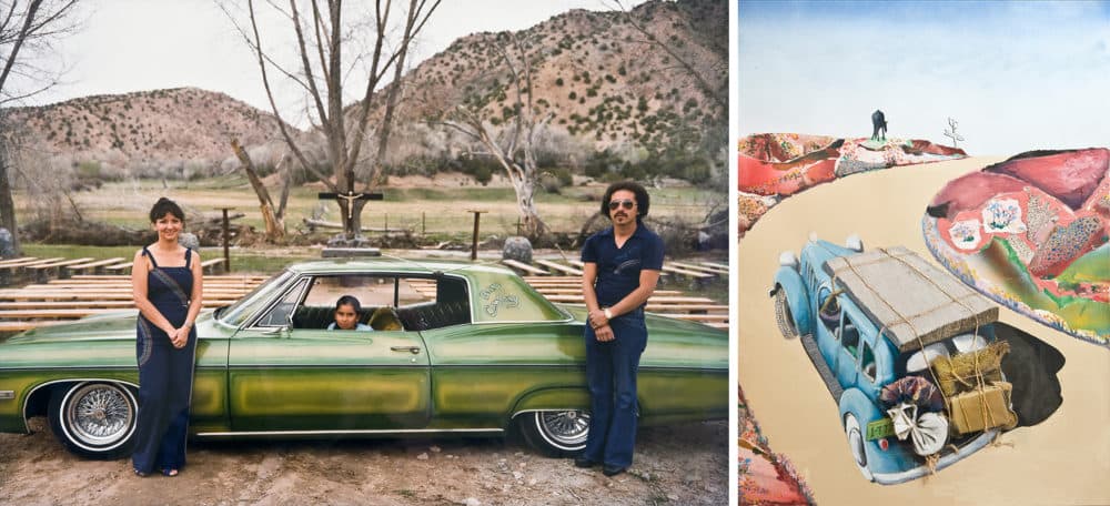 Left to right: Meridel Rubenstein, "Paul, Annabelle, & Paul Medina, Chimayo 68 Chevy Impala." Benny Andrews, "Northbound," 1996. (Courtesy of Terry and Eva Herndon/Fitchburg Art Museum)