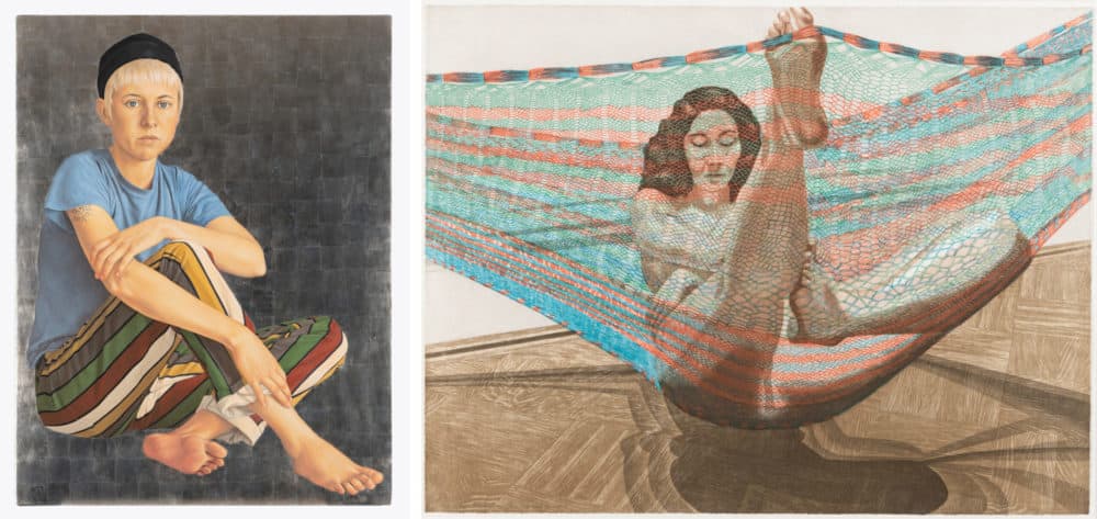 Left to right: Suzanne Vincent, "Striped Pants, 1997. Philip Pearlstein, "Nude in a Hammock, 1982. (Courtesy Charles Sternaimolo/Fitchburg Art Museum)