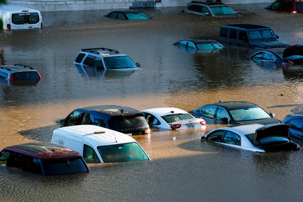 Vehicles are underwater during flooding in Philadelphia, Thursday, Sept. 2, 2021 in the aftermath of downpours and high winds from the remnants of Hurricane Ida that hit the area. (Matt Rourke/AP)
