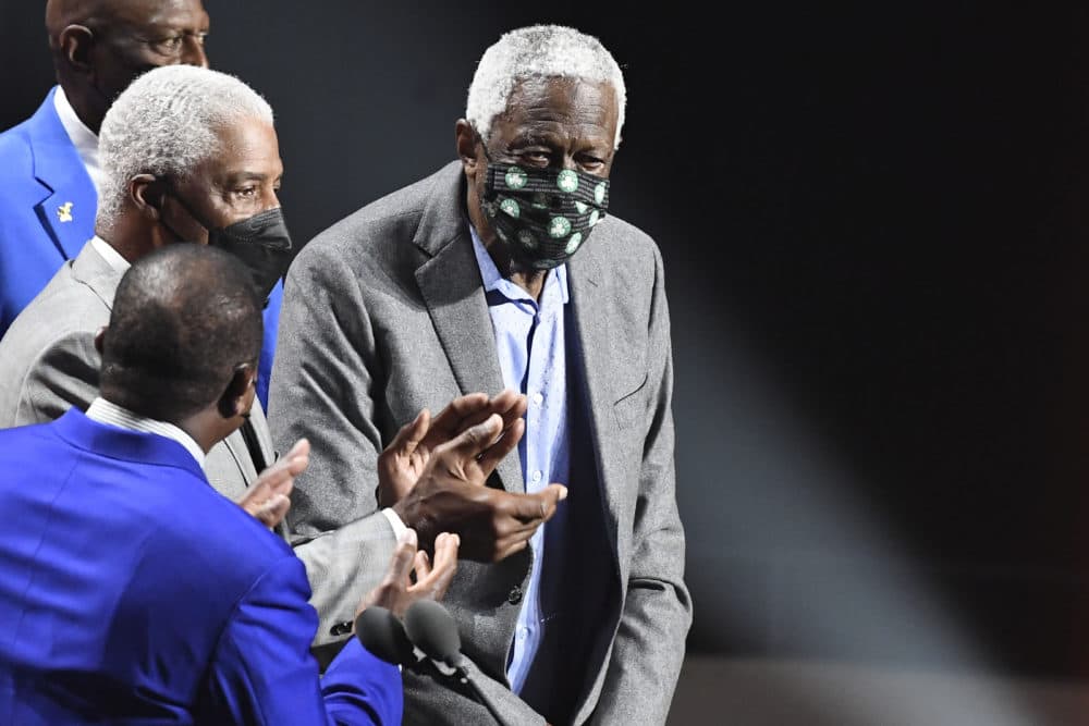 Inductee Bill Russell stands on stage during the 2021 Basketball Hall of Fame Enshrinement ceremony Saturday. (Jessica Hill/AP)