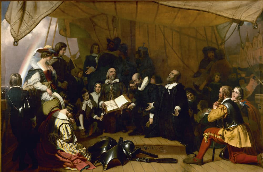 In the painting, "The Embarkation of the Pilgrims," by Robert W. Weir, Myles Standish and his wife, Rose, are on the far right, in the foreground. (Wikimedia Commons)