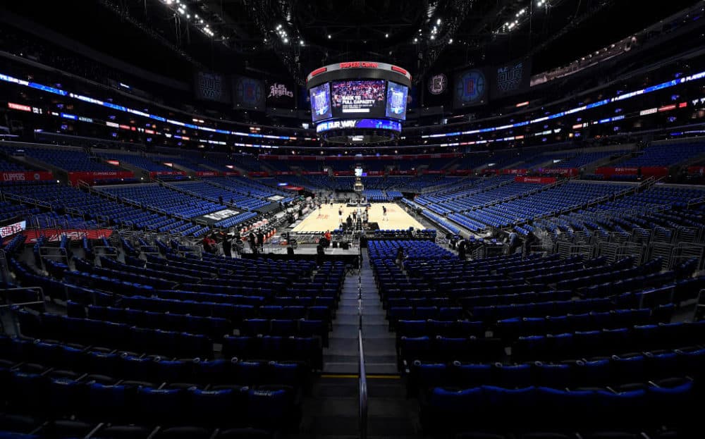 Blue shirts cover the stadium seats as the Los Angeles Clippers had their first full capacity game since the start of the pandemic for Game Six of the Western Conference second-round playoff series against Utah Jazz at Staples Center on June 18, 2021 in Los Angeles, California. (Kevork Djansezian/Getty Images)