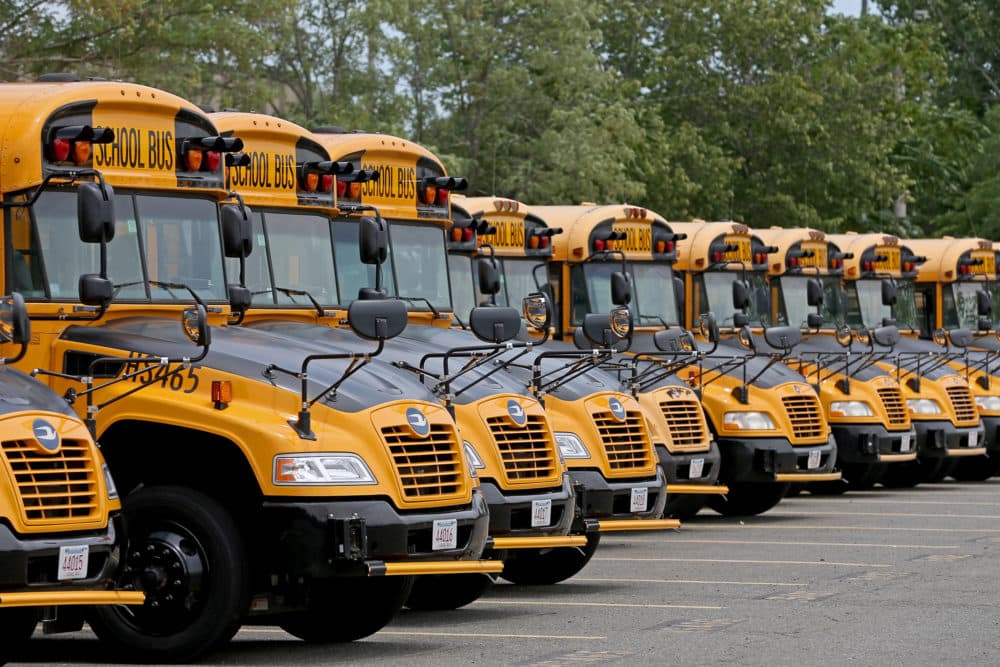 Boston Public school buses are lined up on July 23, 2020 in Boston. (Matt Stone/ MediaNews Group/Boston Herald)