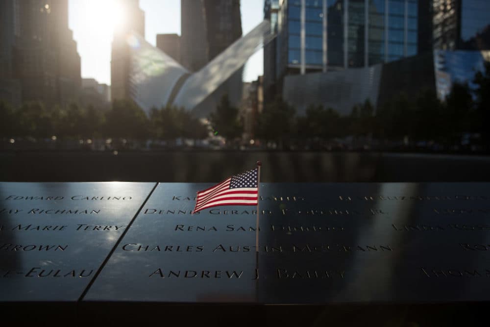 An American flag is left at the North pool memorial site before a commemoration ceremony for the victims of the Sept. 11 terrorist attacks at the National Sept. 11 Memorial (Drew Angerer/Getty Images)