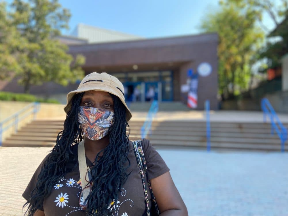 Bertha Davis, of Brighton, after casting her vote. (Quincy Walters/WBUR)