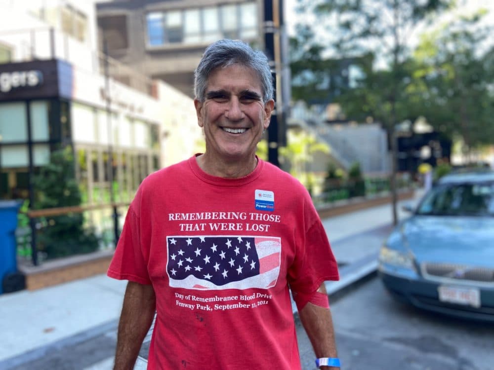 Rob Barber, of Cambridge, is pictured outside of the American Red Cross blood drive held at Fenway Park. He has donated blood almost every year since Sept. 11, 2001. (Quincy Walters/WBUR)