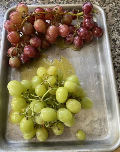 Prepping to roast grapes. (Kathy Gunst)