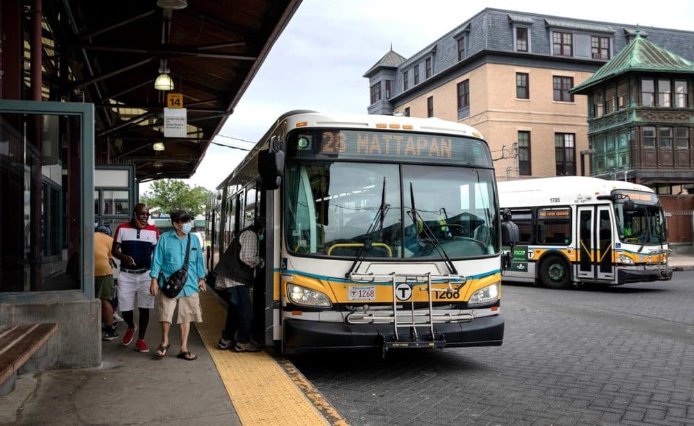 Boston implemented a pilot program to provide free fares on route 28 from Mattapan to Ruggles Station. (Robin Lubbock/WBUR)
