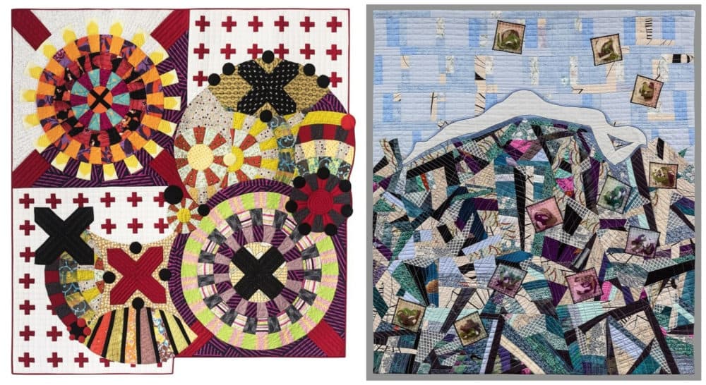 Left to right: Victoria Findlay Wolfe's "Chaos & Uncertainty" and Libby Cerullo's "Exhaustion." (Courtesy New England Quilt Museum)