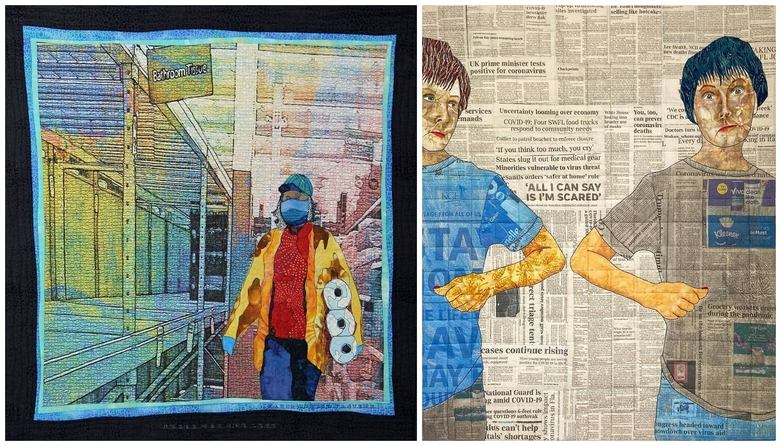 Left to right: Patti Louise Pasteur's "There Was One Left" and Patricia Kumicich's "Social Distancing." (Courtesy New England Quilt Museum)