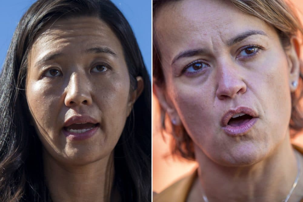 Boston mayoral candidates Michelle Wu and Annissa Essaibi George on the campaign trail. (Jesse Costa/WBUR)