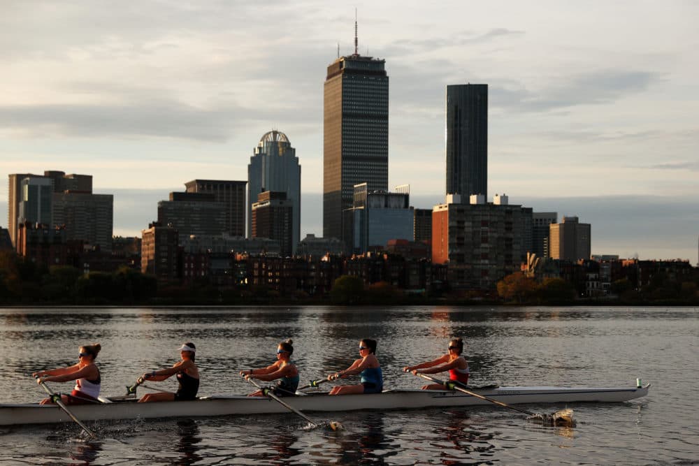 Members of the Radcliffe women's heavyweight crew team train on the Charles River on Oct. 21 in Cambridge, in preparation for the Head of the Charles Regatta. (Maddie Meyer/Getty Images)