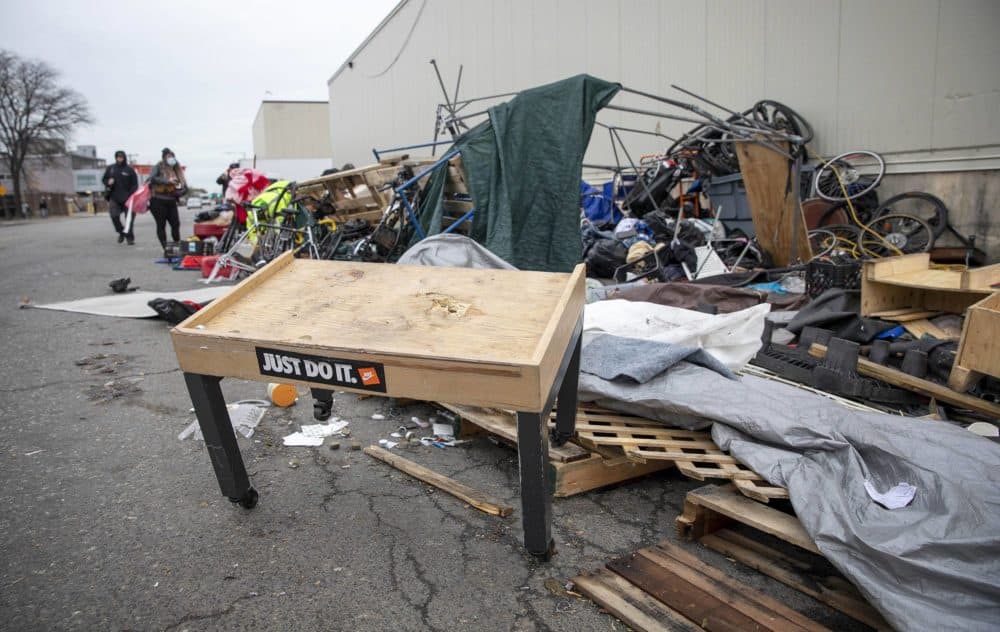 Tents and other items on Southampton Street after the recent storm. (Robin Lubbock/WBUR)