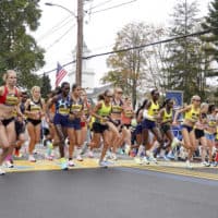 The elite women break from the starting line of the 125th Boston Marathon. (Mary Schwalm/AP)