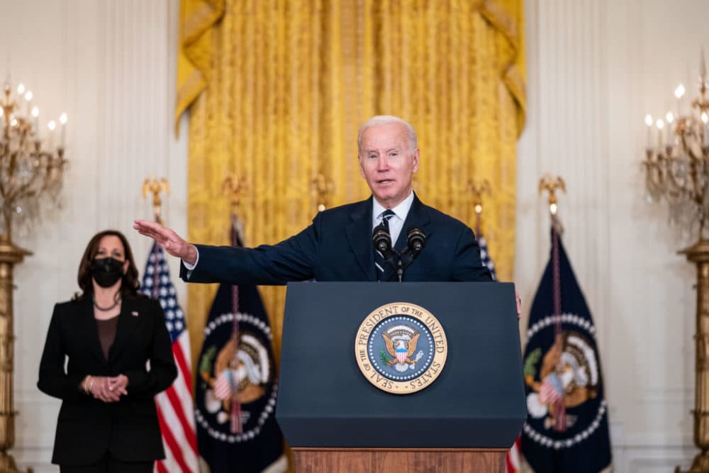 President Joe Biden delivers remarks on his Build Back Better agenda from the East Room of the White House on Thursday, Oct. 28, 2021. (Kent Nishimura / Los Angeles Times via Getty Images)