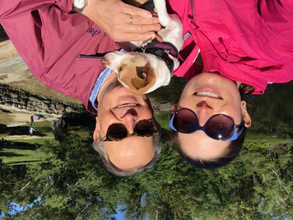 The author pictured with her father, Bob Mermell, and her dog, Isabella, in 2017. (Courtesy Jesse Mermell)