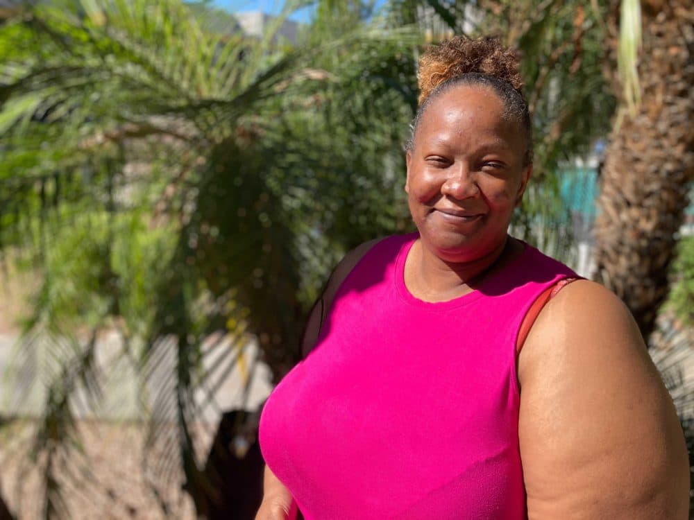 Shuntera Brown outside her new apartment in Phoenix. (Peter O'Dowd/Here & Now)