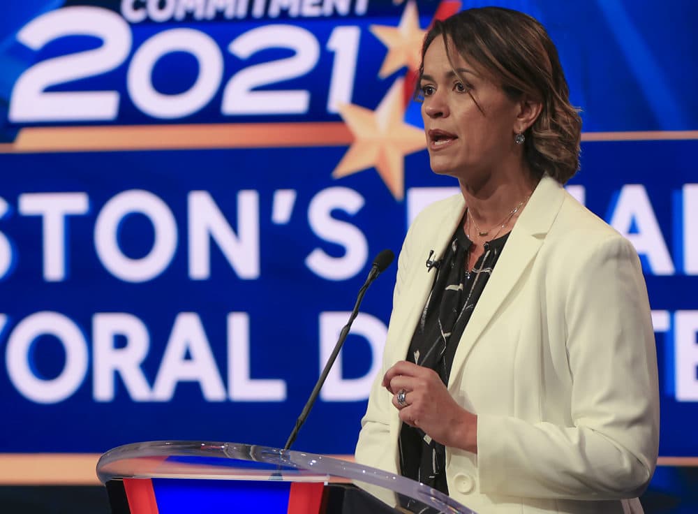 Boston City Councilor Annissa Essaibi George during her final live debate with Boston City Councilor Michelle Wu before the November 2 election for Boston Mayor at WCVB television studio in Needham on Oct. 25. (Matthew J Lee/Boston Globe)