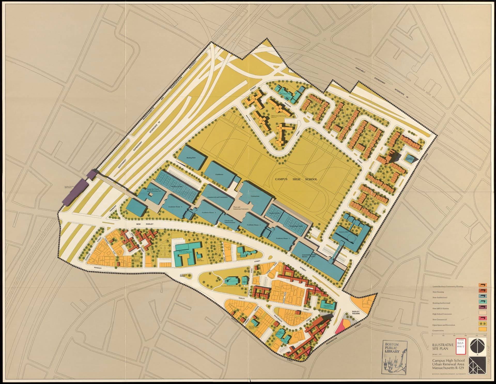 A map shows the city's redevelopment plan, which was never fully realized. (Courtesy Norman B. Leventhal Map & Education Center at the Boston Public Library)