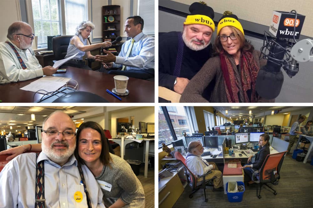Morning Edition host Bob Oakes with a few of his fellow WBUR colleagues, including (clockwise from top left) Martha Bebinger, Deborah Becker, Yasmin Amer and Sara Rose Brenner. (Jesse Costa/WBUR)